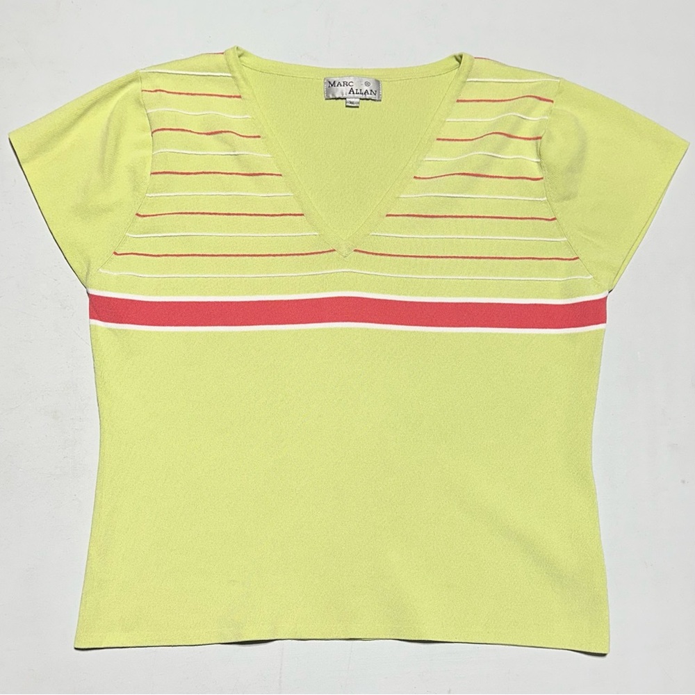 Y2K MARC ALLAN Lime V-Neck Preppy Coquette Tennis Barbiecore Knit Top